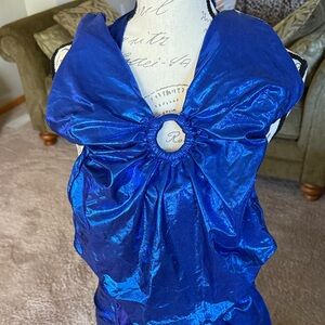 Elegant shimmery metallic Blue Women's One-Piece Swimsuit and coverup skirt.